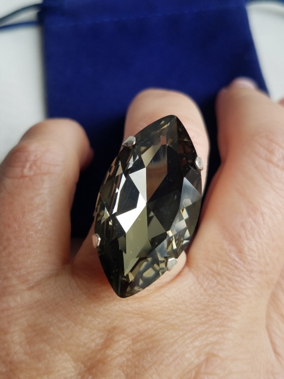 Swarovski Elements Huge Smoky Black Shadow Crystal Marquis Statement Ring NEW